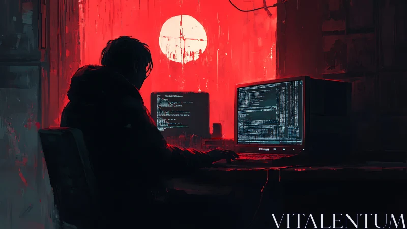 Backlit cyber-operator coding before saturated red skyline.