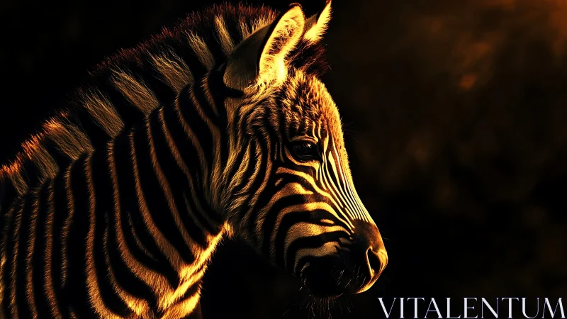 Zebra portrait in warm backlight against dark background.
