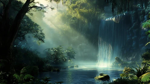 Mystic jungle waterfall under radiant morning beams