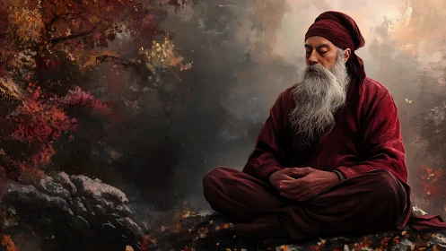 Meditating sage in crimson robes amid autumn forest silence.
