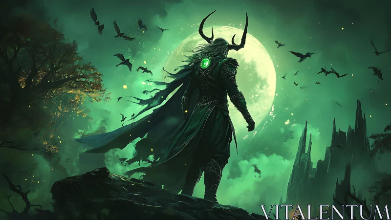 Horned sorcerer overlooking moonlit green fantasy realm.