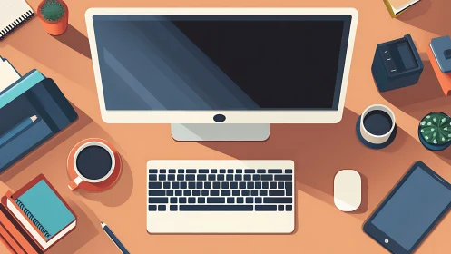 Organized digital workspace with computer and desk items.