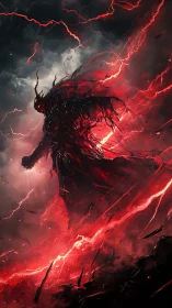 Storm-forged revenant strides through a red-lit cosmic maelstrom.