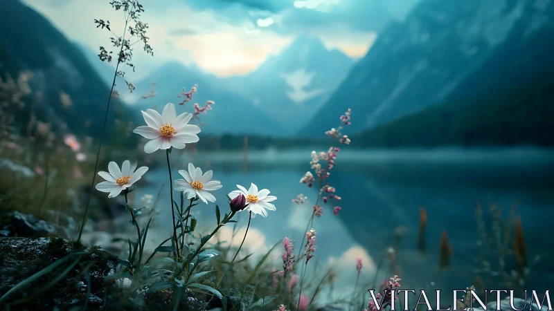 Wildflowers in focus beside misty alpine lake at dusk.