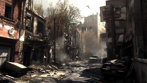 Desolate urban alleyway under hazy post-apocalyptic light.