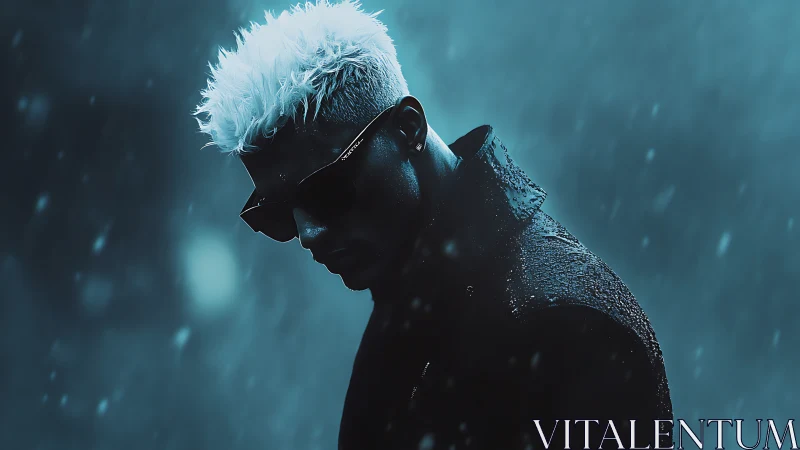 Moody cyberpunk man in rain-drenched neon blue glow.