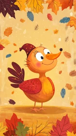 Cheerful Autumn Bird Character with Falling Leaves and Seasonal Foliage