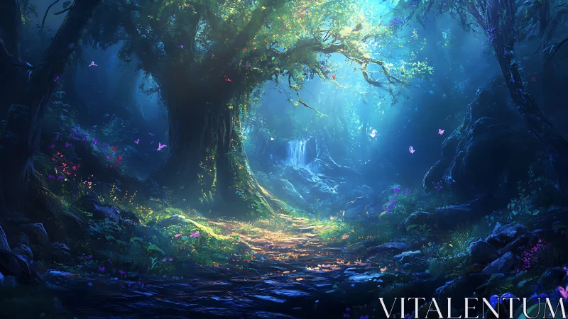 Subterranean Woodland Passage with Luminescent Vegetation.