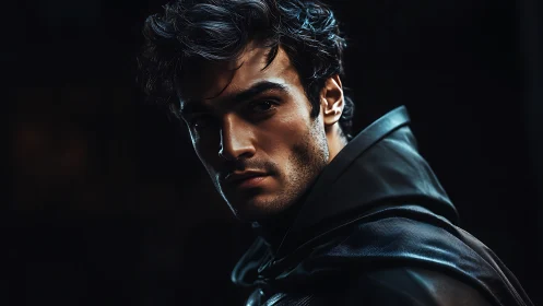 Moody portrait of brooding man in dark leather cloak.