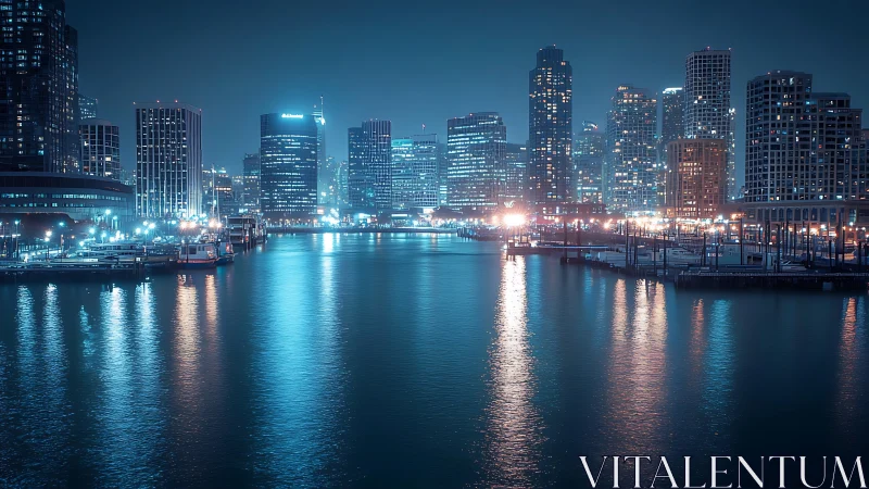 Night city skyline reflects brightly on calm harbor water