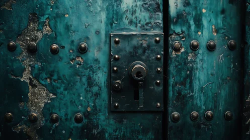 Weathered teal metal door with central keyhole lock.