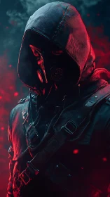 Hooded wasteland sentinel in crimson fog and neon shadow.