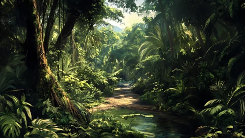 Dense rainforest pathway with stream and canopy vegetation.