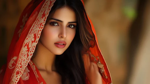 Elegant woman in red embroidered veil, soft portrait style.