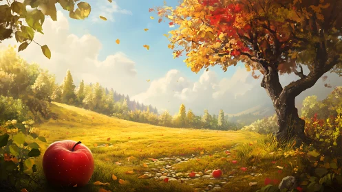 Sunlit meadow pauses politely while an autumn apple gleams