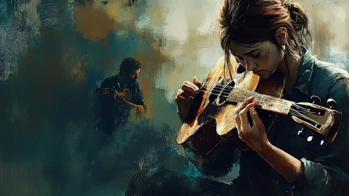 Digital painting of pensive young guitarist with distant mentor