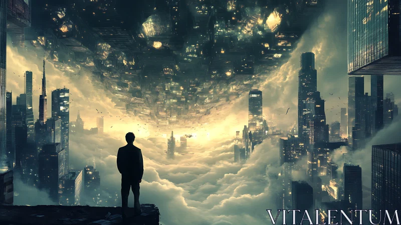 Surreal skyline mirrored above clouds with lone figure.