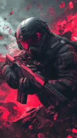 Crimson shockwave trooper poised in storm-torn firefight.