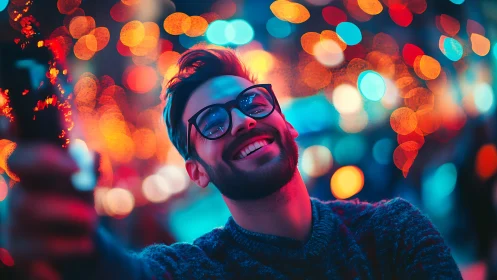 Smiling man enjoys neon city lights in vibrant night portrait.