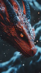 Ember-scaled dragon in snowfall with intense molten gaze.