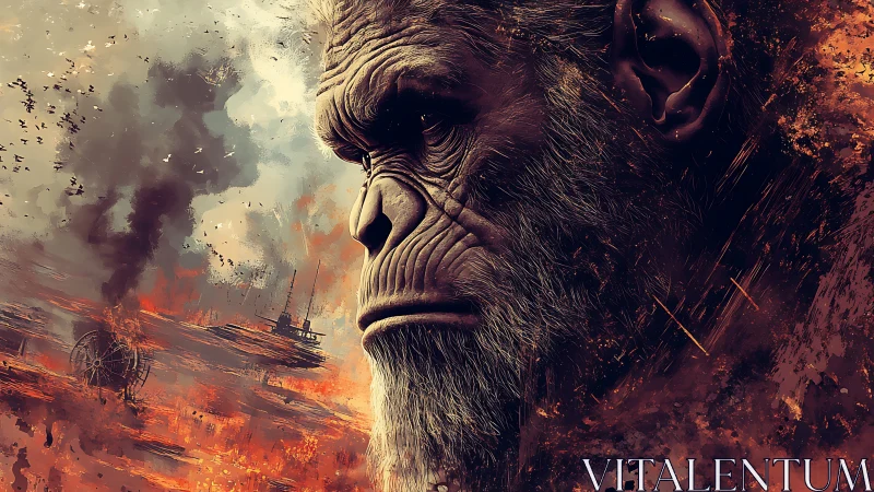 Simian warlord broods above a burning industrial horizon.