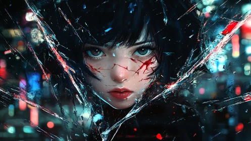 Shattered neon gaze of a cyberpunk girl frozen in defiance.