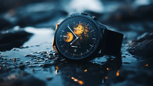 Black wristwatch with abstract dial on wet reflective surface.