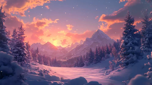 Sunlit winter valley reveals snow forest and sharp peaks