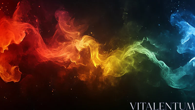 Chromatic smoke ribbon flows across dark negative space