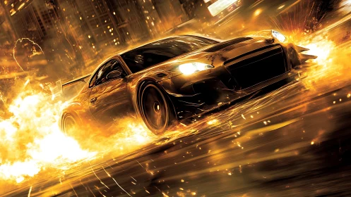 Sports car in dynamic urban motion with intense light streaks.