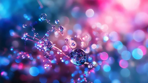 Water droplets cluster suspended in neon bokeh light field