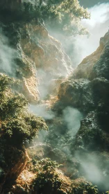 Mountain canyon with mist and sunlight filtering through dense vegetation