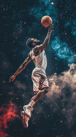 Basketball player suspended midair against nebula cloud backdrop