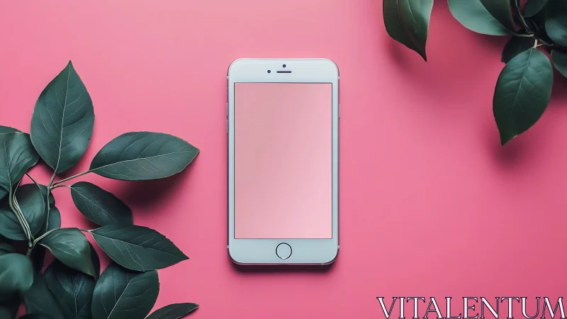 White iPhone on Pink Background with Dark Foliage.