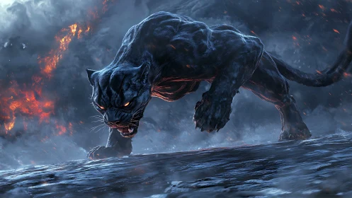 Ferocious black panther prowls through fiery storm scene.