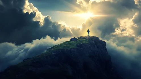 Solitary dreamer stands on a sunlit peak above rolling clouds