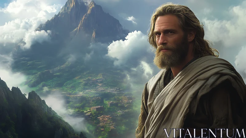 Warrior sage gazes over misty emerald mountain kingdom.