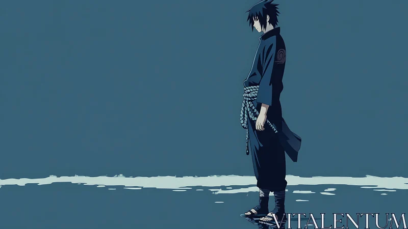 Solitary anime shinobi rendered against minimal shoreline plane.