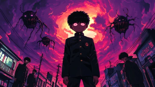 Haunted schoolboy under apocalyptic neon sky of spirits.