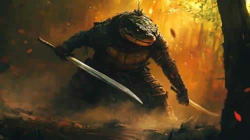 Amphibious warrior in segmented armor brandishing dual curved blades