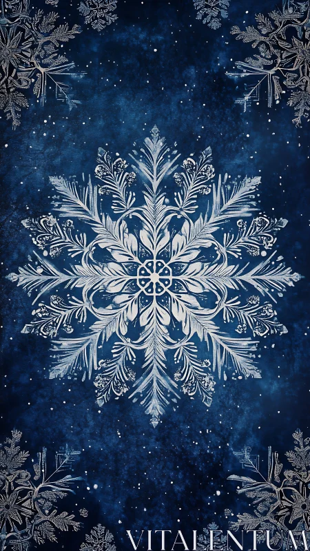 Ornate white snowflake mandala on deep indigo cosmic field.