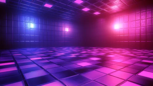 Neon grid chamber uses magenta and cyan volumetric lighting