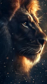 Cinematic lion profile in warm rim light with ember particles