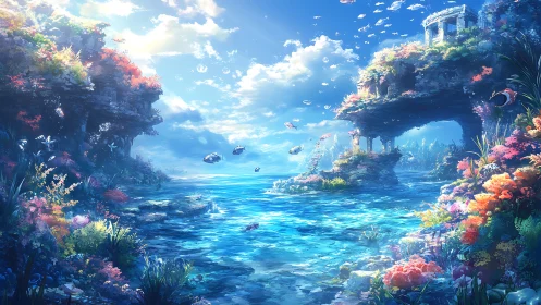 Ruined stone arch stands above vivid coral lagoon and fish