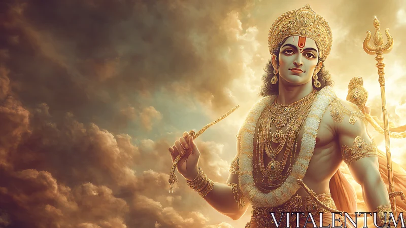 Divine warrior deity stands radiant against stormlit sky.