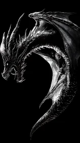 Monochrome dragon silhouette with razor spines coils inward.