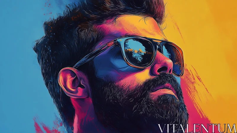 Portrait of bearded man in sunglasses against split colors.
