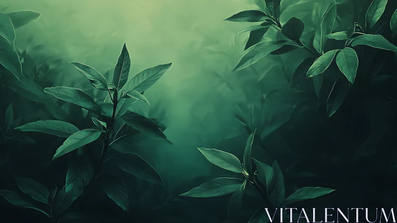 Mistlit green foliage with soft depth and calm atmosphere.