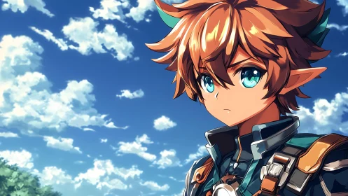 Young anime elf warrior gazes upward under bright summer sky