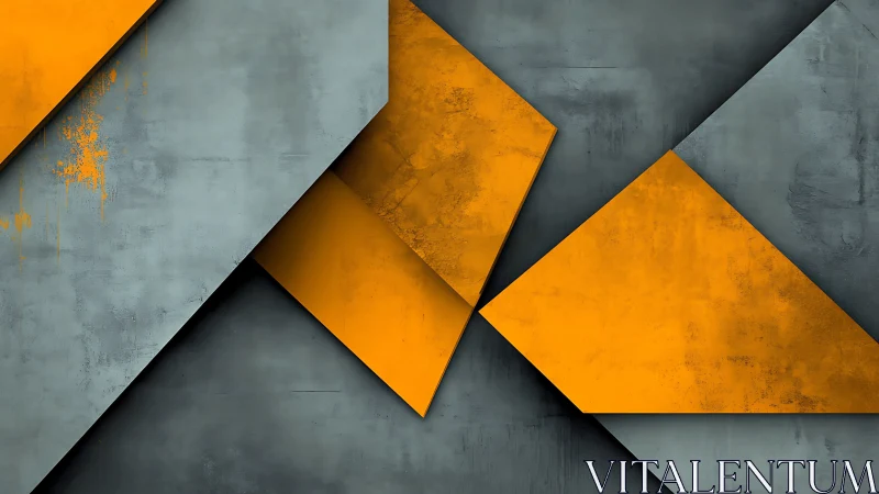 Geometric orange panels cut through weathered steel tones